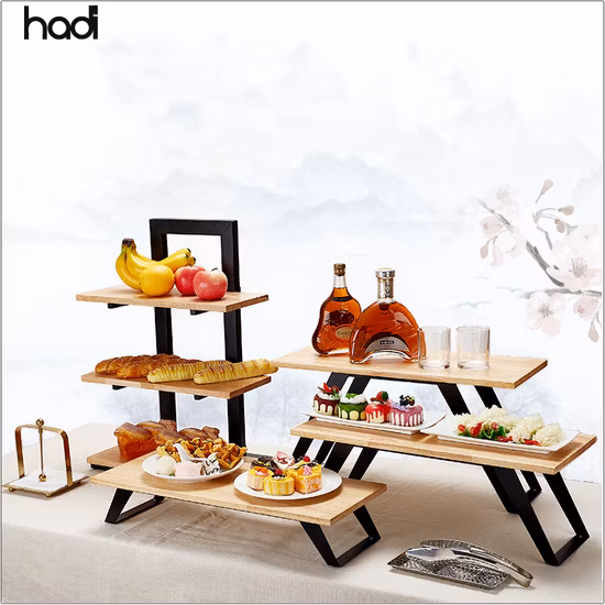Food Presentation Buffet Display Equipment Gold Decorative Afternoon Presentoir Cake Tea Set Luxury Wood Serving Tray with Stand